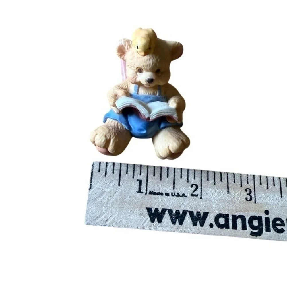 Cherished Teddies Mini Teddy Bear Figurine‎ Reading Book with Bird 2.5in